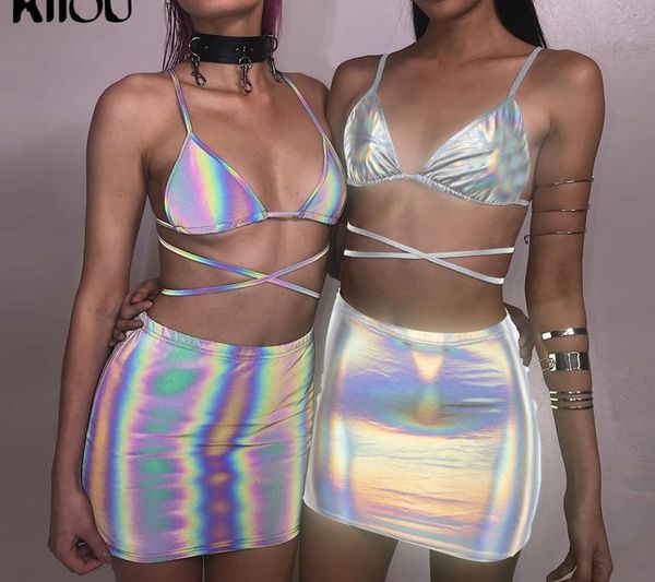 

2019 new women fashion two pieces set silver shiny material lace up camisole skirts outfit summer festival clothing t200528, Gray