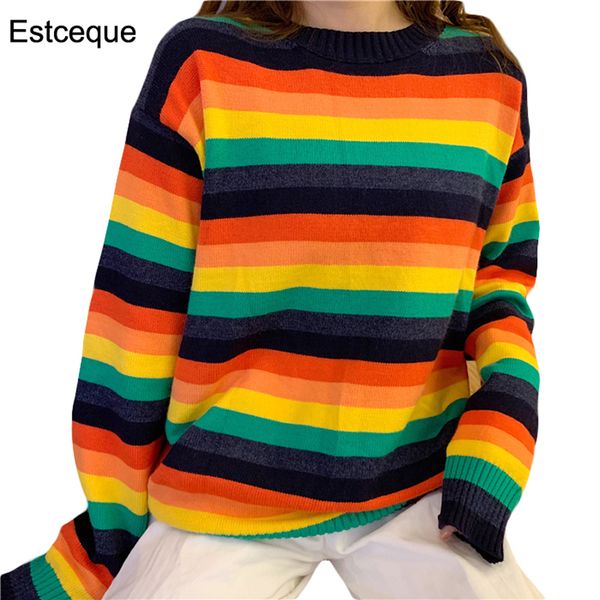 

women's sweaters korean rainbow sweater woman striped long sleeve o-neck pullover knitted female harajuke oversize, White;black