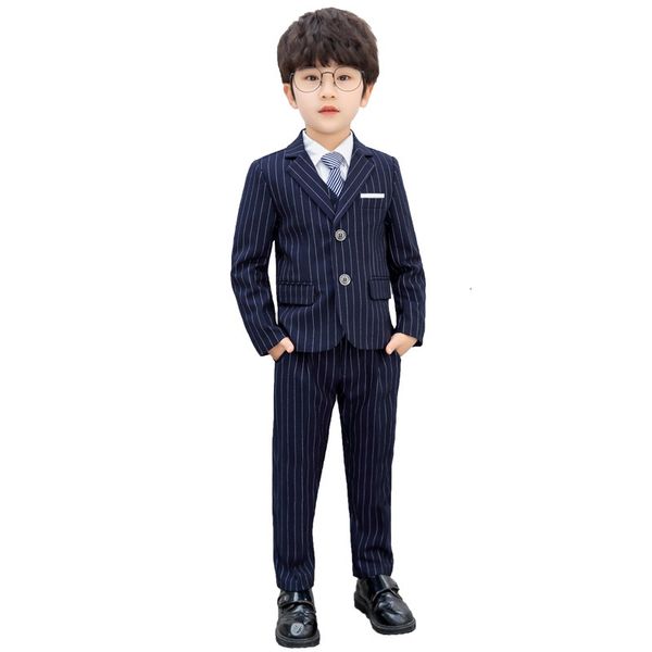 

new children formal suits flower boys wedding party performance host costume school kids striped blazer vest pants 3pcs outfits, Blue