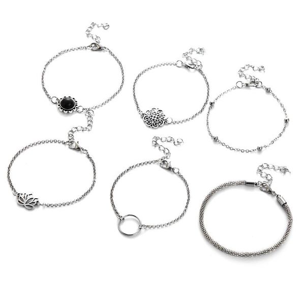 

link, chain simple leaves cobblestone flower bead trendy fashion bracelet 6 pieces set women's, Black