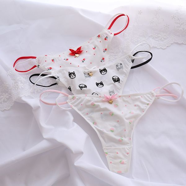 

milk silk t pants thong strawberry cherry cute ladies underwear seamless low waist girl ice silk, Black;white