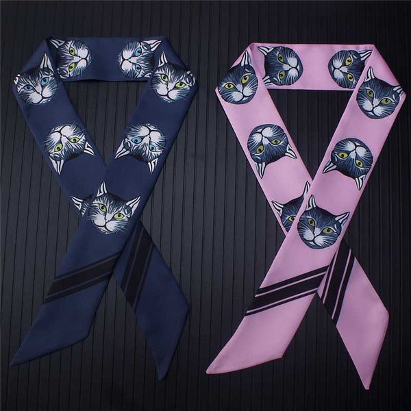 

long skinny scarf women silk hair scarves for lady cat print fashion twill neck scarfs ribbons bag wrap tie, Blue;gray