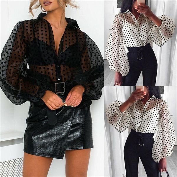 

fashion elegant women polka dot mesh sheer see through shirt bloses outwear polka dot ol long sleeve blouse tee t, Gray