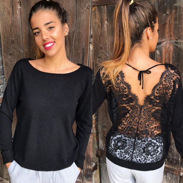 

women round neck hollow out backless stitching long sleeve lace jumper winter solid color bottoming, White