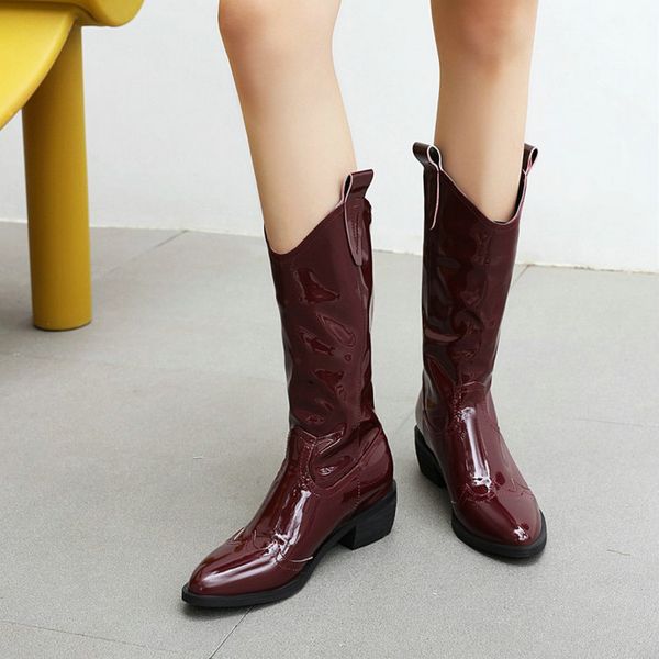 

патентообладатель 2020 pu кожаных зим женщины сапоги для верховой езды конно западных cowgirls сапог размера 46 черного бордовых женщин сред, Black