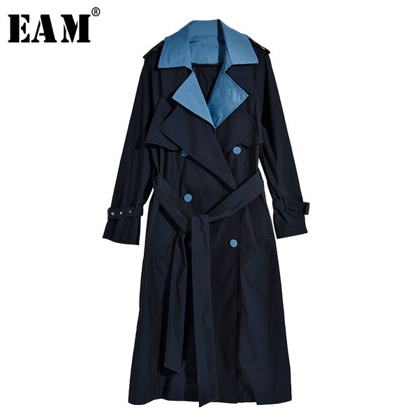 

eam] women contrast color split joint big size trench new lapel long sleeve loose fit windbreaker fashion spring 2020 jo553, Tan;black