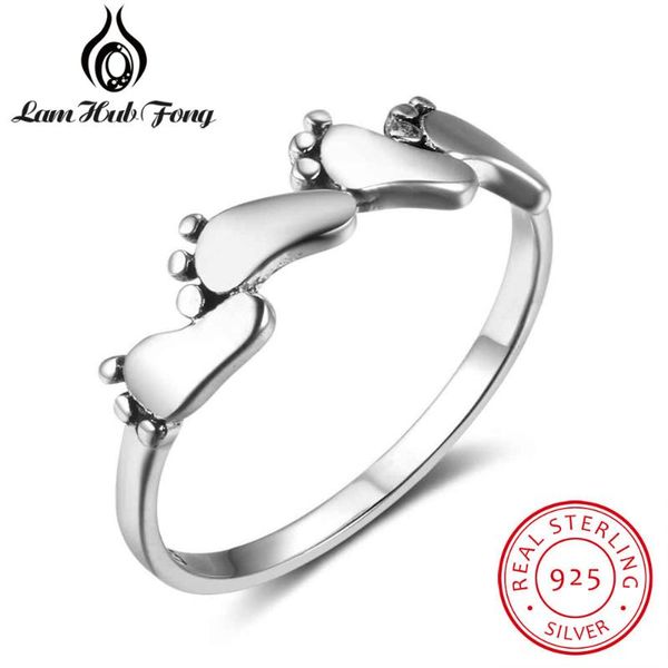 

real pure 925 sterling silver rings for women cute little feet vintage ring fine jewelry new mom christmas gift (lam hub fong, Golden;silver