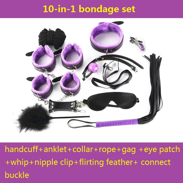 

10-in-1 ball rope whip bondage flirting games fur handcuffs eye kit handcuffs ankle cuff collar leather set foreplay gag 5meters pa npon
