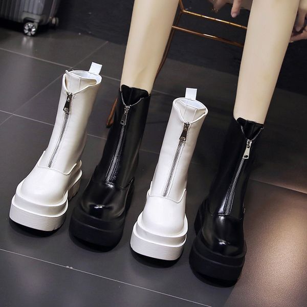 

rock shoes woman white mid-calf boots platform round toe booties ladies luxury designer zipper boots-women low mid calf, Black