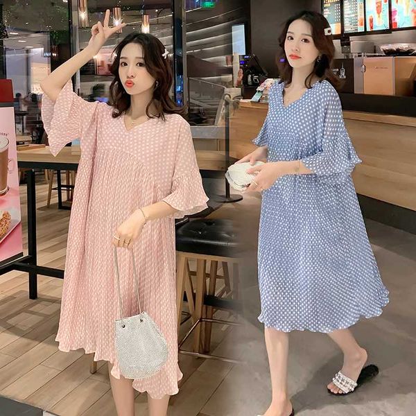 

5802# maternity dress summer chiffon short sleeve loose stylish polka dot dress for pregnant women mom, White