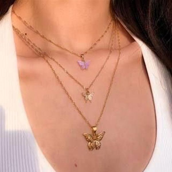 

3 pcs/set sweet animal butterfly gem gold necklace for women trendy multilayer pendant chain necklace jewelry gifts, Silver