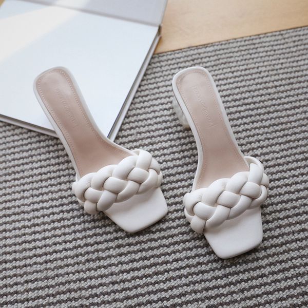 

bayan terlik 2020 fashion brand weave slippers ladies square med heels sandals slip on slide femmes sandales mujer slipper, Black