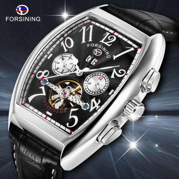 

forsining auto men's wristwatch retro vintage tonneau rose gold case relogio tourbillon male clock date day mechanical watch, Slivery;brown