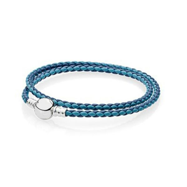

new fashion 925 sterling silver multicolor mixed powder blue women double-leather bracelet fit charm diy original round bead eleven gifts, Golden;silver