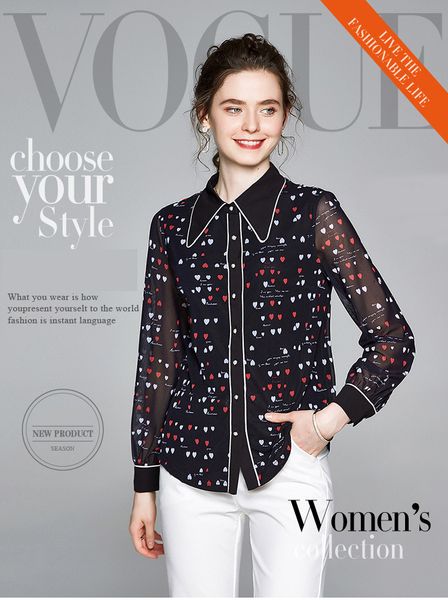 

2020 autumn new women's blouses & shirts mesh panlled printing lap lapel neck long sleeve lady casual shirt, White