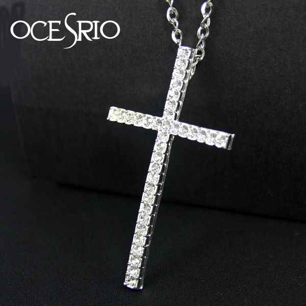 

ocesrio brand simple silver color cross necklace big silver chain rhinestones necklaces pendants fashion jewelry nke-g79