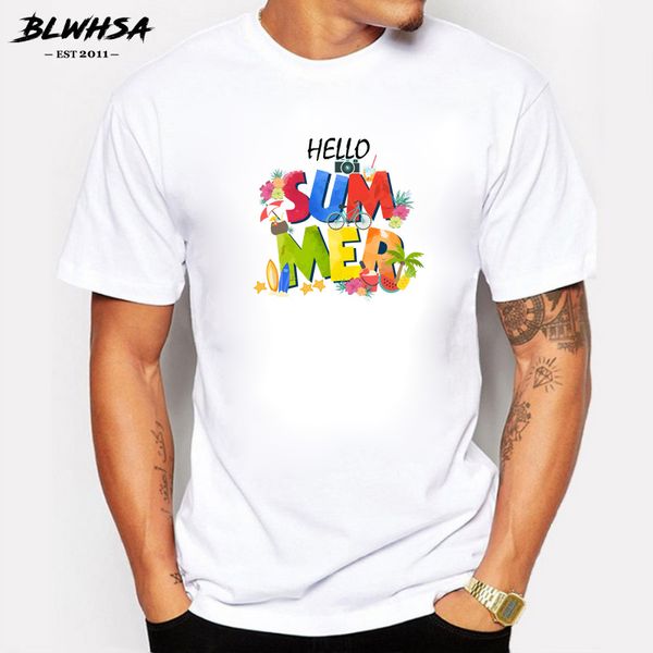 

blwhsa short sleeve men's t shirt hello summer seaside vacation print cool t-shirt for men casual cotton comfortable tee