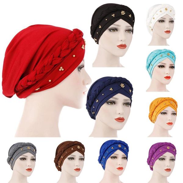 

2020 new muslim hat elegant beads braid turban cap women elasticity cotton bandanas female headwear hair accessories headscarf, Blue;gray