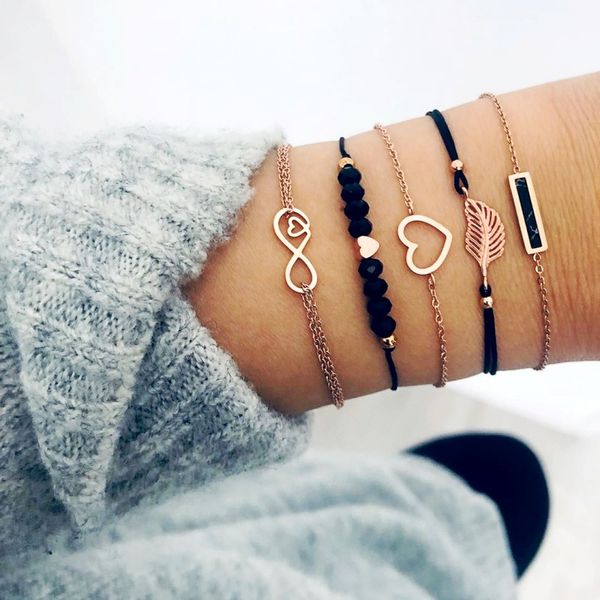 

link, chain simple love heart bracelet set bangles gold color leaf rope handmade for women boho jewelry 5pcs, Black