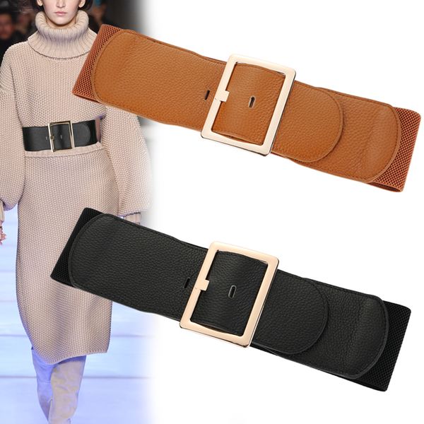 

lady wide big rectangle gold pin buckle waistband genuine leather overcoat elastic cummerbunds for women cow dress accessories, Black;brown
