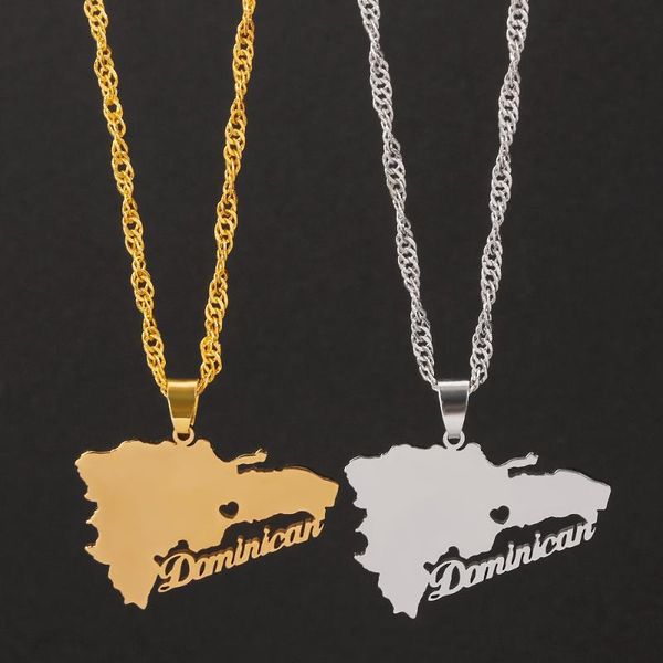 

dominican map stainless steel pendant necklaces dominicans country map jewelry chain patriotic choker gifts for women, Silver