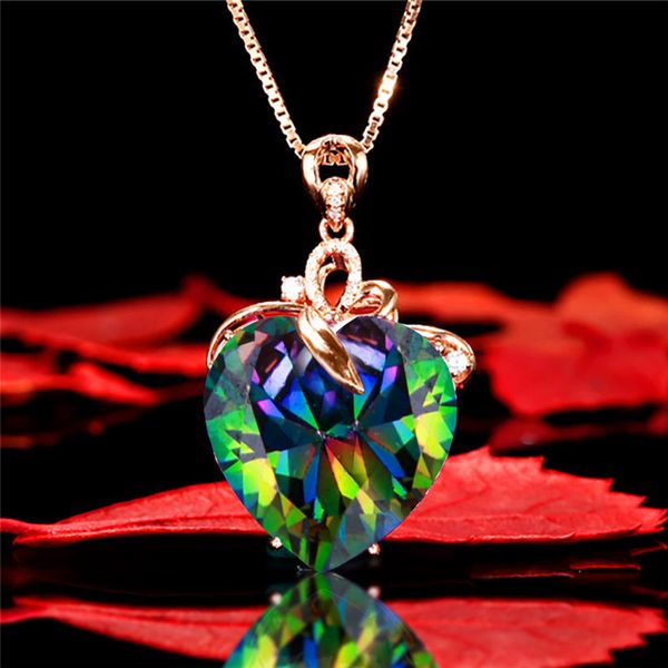 

charm female multicolor crystal heart pendant rose gold chains necklaces for women rainbow blue green zircon wedding necklace cz, Silver