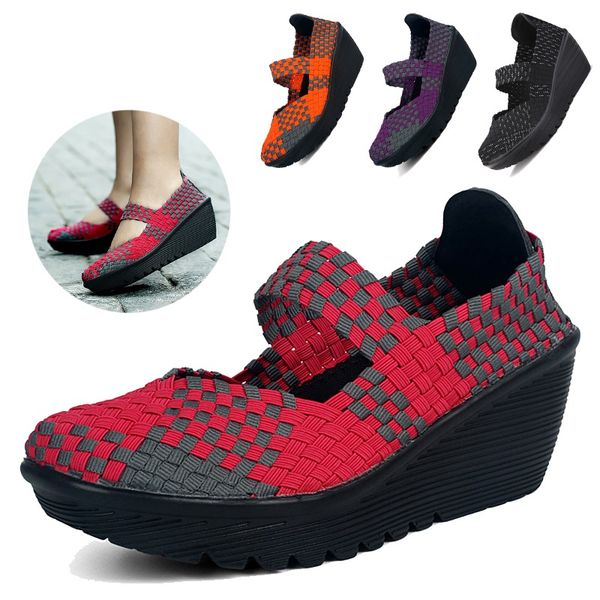 

women walking shoes breathable damping outdoor shoes female handmade knit wedge platform sneakers