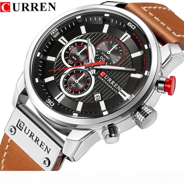 

reloj hombre curren chronograph men sport watches men's quartz clock leather strap waterproof wristwatch, Slivery;brown
