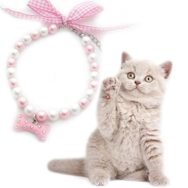 

adjustable rhinestone pearl pet dog collars cute bowknot bone decoration necklace pink pet supplies