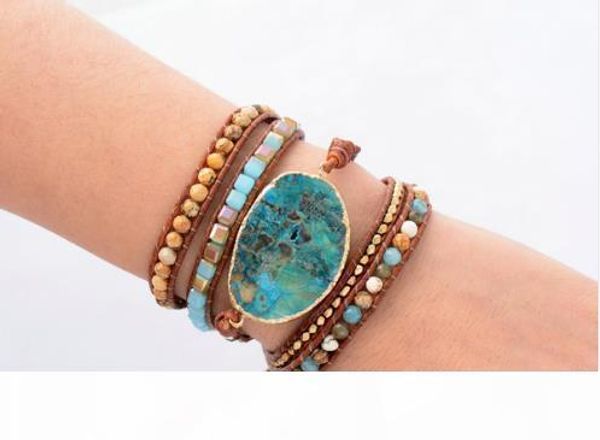 

h leather bracelet unique mixed natural stones gilded stone charm 5 strands wrap bracelets handmade boho bracelet dropship, Golden;silver