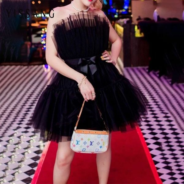 

yissang mesh dress women ruched off shoulder backless bow sahses tiered dress party club summer femal elegant mini, Black;gray