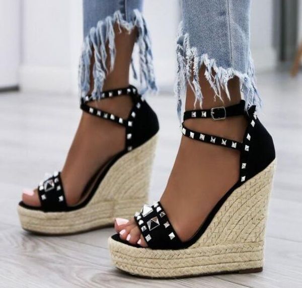

metal decorations high wedges ankle strap sandals ladies peep toe cross-tied casual shoes woman thick platform cover heels, Black