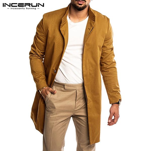 

autumn solid color windbreaker coats incerun mens fashion trench winter long sleeve lapel buttons long style jackets streetwear, Tan;black