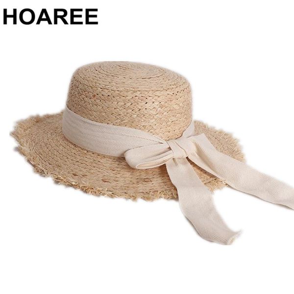 

hoaree white bowtie raffia sun hat women korean vintage flat-cap summer ladies fedora casual uv protection wide brim hat, Blue;gray