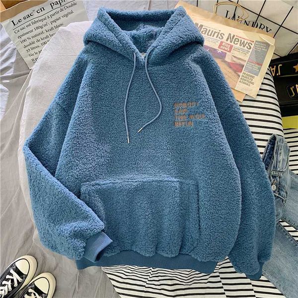 

new autumn winter thick warm coat velvet cashmere women hoody sweatshirt solid blue pullover casual lady loose long sleeve, Black