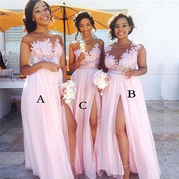 

Flowy Chiffon Pink Long Bridesmaid Dresses Sheer Neck Cap Sleeves Appliqued Illusion Bodice Sexy Split Summer Maid Of Honor Gowns BM0146