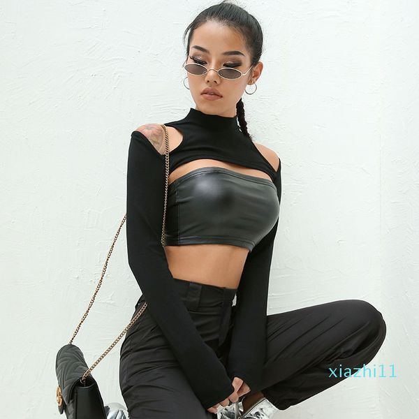

heyoungirl streetwear long sleeve crop punk casual tshirt women black off shoulder t-shirt hollow out short t shirt party, White