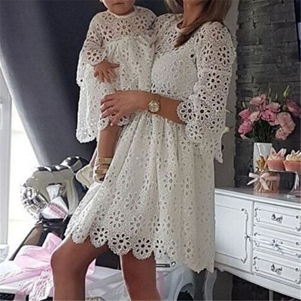 

fashion family matching clothes mother daughter dresses women floral lace dress baby girl mini dress mom baby girl party clothes ch01, Blue