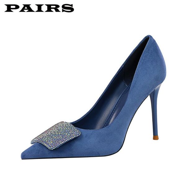 

bigtree brand designer pumps shoes women high heels stiletto faux suede crystal blue shoes office party plus size 43, Black