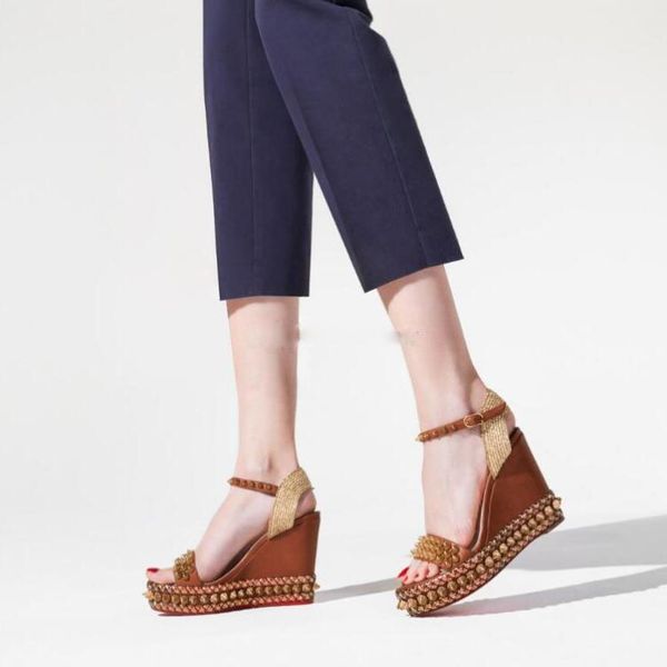 

original box] summer sliver golden leather cataclou sandals fashion red bottom wedge studs ankle strap summer ladies gladiator party, Black