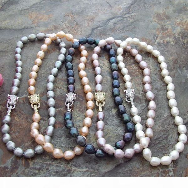 

hand knotted 10-12mm white black gray pink purple freshwater rice pearl leopard head micro inlay zircon necklace long 43cm, Silver