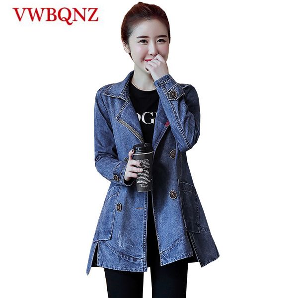 

double-breasted women denim jacket basic coat 2020 spring autumn new loose vintage long jeans jacket casual denim windbreaker, Tan;black