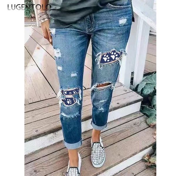 

lugentolo women casual jeans hole ripped color matching slim jeans fashion female straight street long, Blue