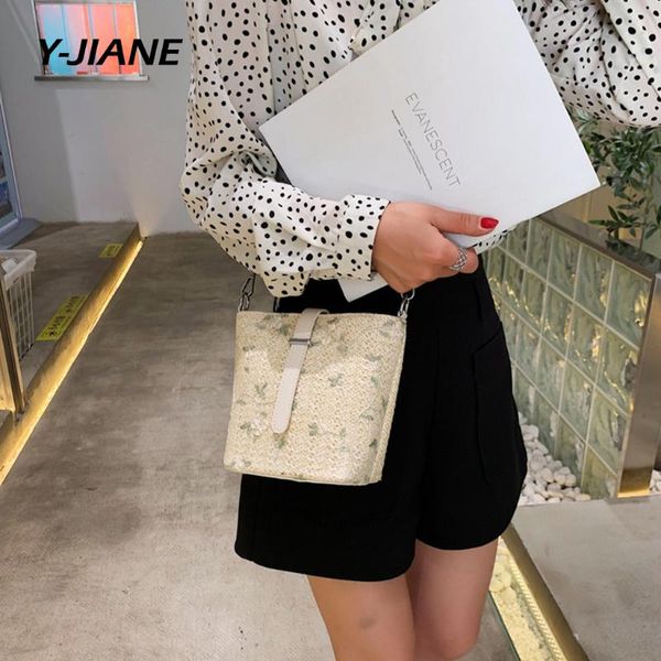 

women beach casual straw bag bucket shoulder floral print bag burlap square messebger crossbbody messenger luxury bolsa#g3