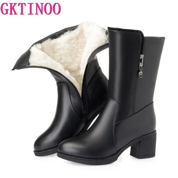 

gktinoo winter boots wool fur inside warm shoes women genuine leather shoes high heels boots footwear botas big size 35-43, Black