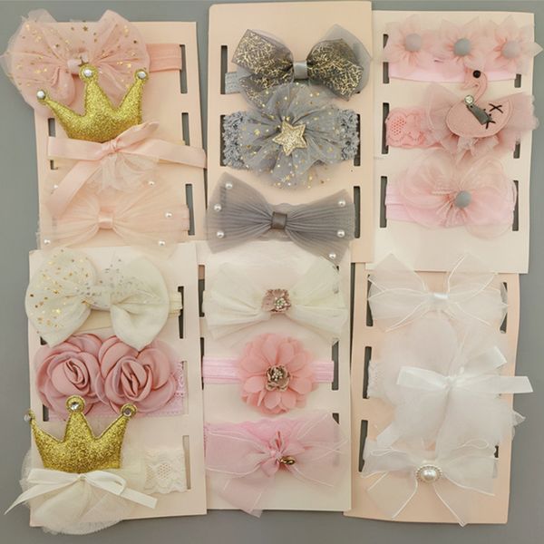 

3pcs/set flower baby girl headband bows crown newborn toddler turban hair band headbands for girls kids baby hair accessories, Slivery;white