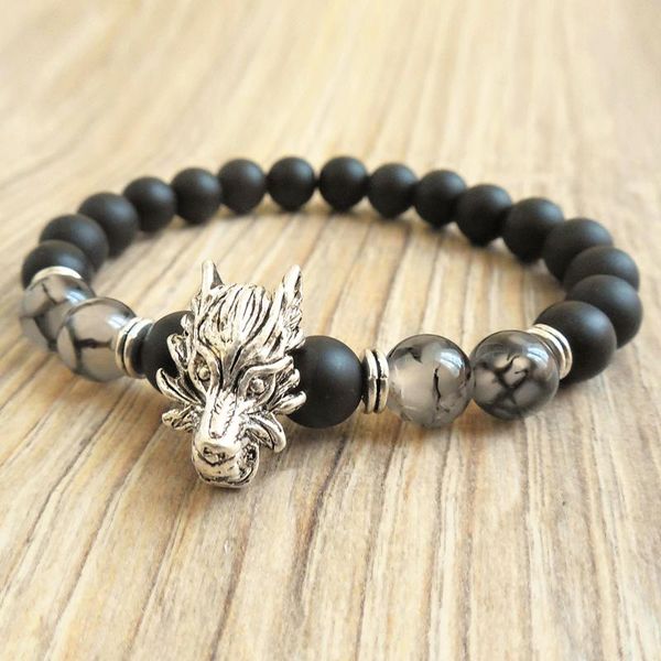 

mg0778 new design wolf head men`s bracelet dragon vein agates bracelet matte black onyx lava stone