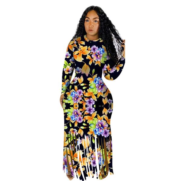 

womens designer floral dresses spring autumn casual long sleeve tassel o neck clothing for woman fashion womens vestidos dresses, Black;gray