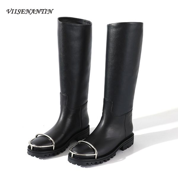 

new retro round toe thick heel mid calf metal decoration long boots women genuine leather height increasing black platform shoes