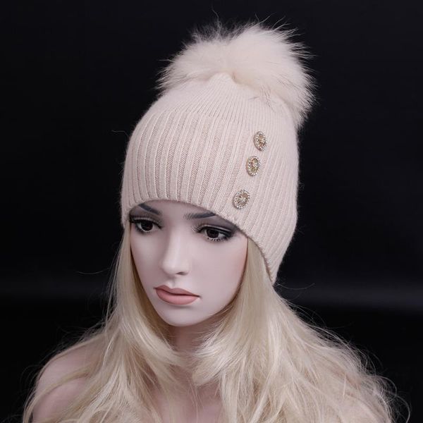 

2020 winter super warm wool knitted cap with real raccoon fur pompoms women's cashmere beanies hat fashion lady classic snow hat, Blue;gray